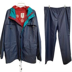 Columbia Men's PVC Nylon Hooded Rain Suit Size L Jacket Pants Vented Blue *Flaw